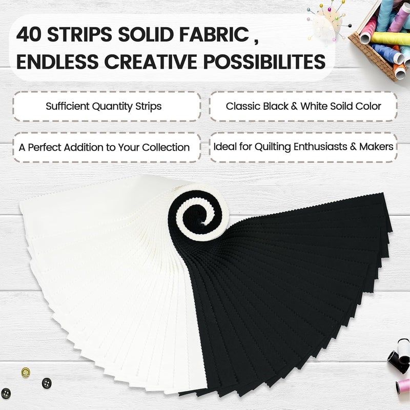 craftido -18 Options-100% Cotton Jelly Roll Fabric Precut Strips for Quilting, Crafting, and Sewing, 40 Strips 2.5" x 44" Assorted Bundles for Rugs, Quilts, DIY Crafts and Home Decor-20 White+20 Black - Image 3